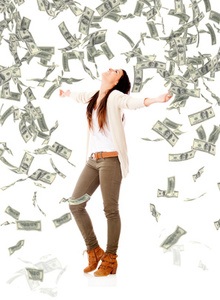 Excited woman under a money rain because her income ceiling is gone